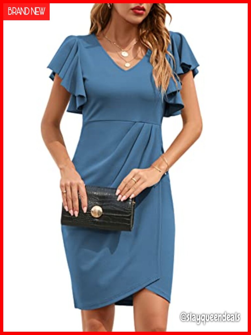 V Neck Ruffle Sleeve Bodycon Sheath Wrap Ruched Cocktail Party Work Dress